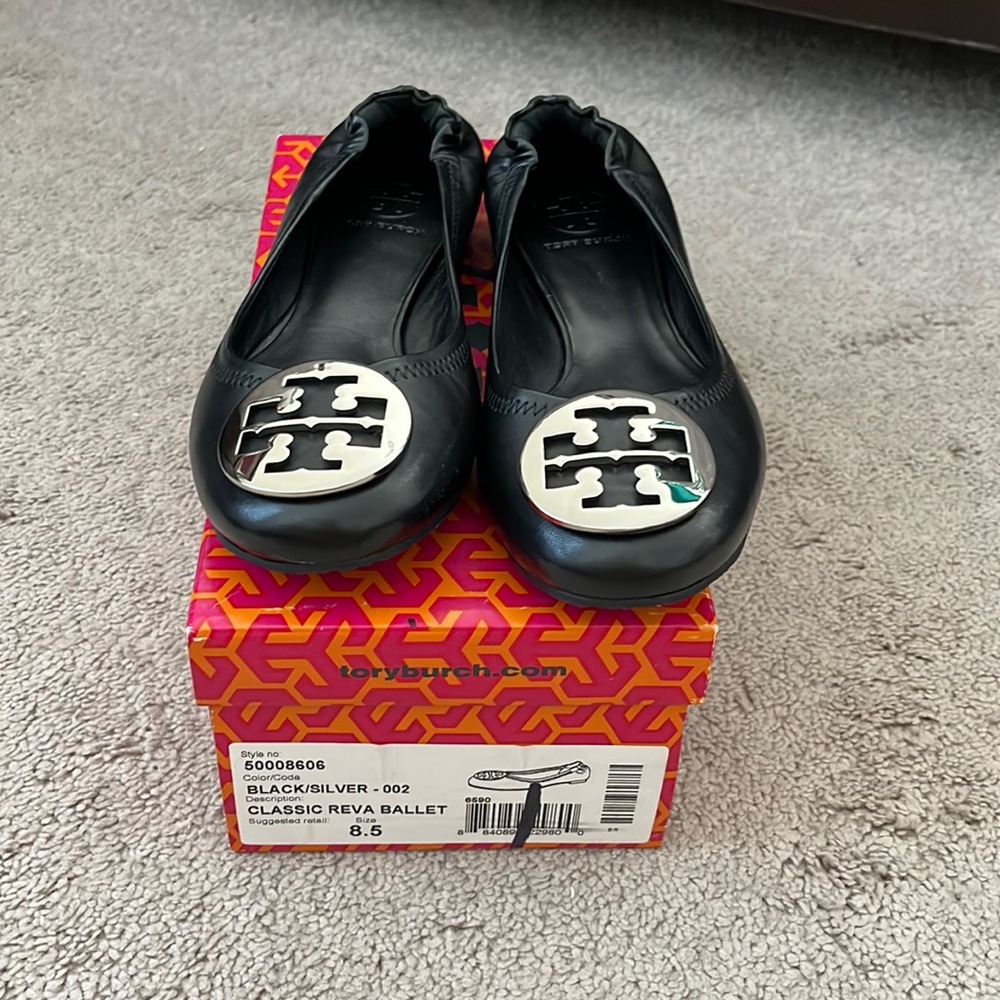 Black & Silver Tory Burch Classic Reva Ballet Flats - SZ 8.5